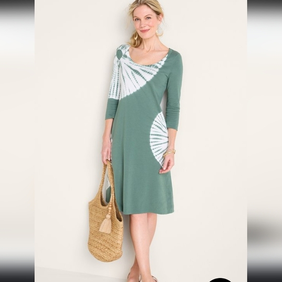 Soft Surroundings Santiago ¾ Sleeve Short Dress Tie-Dye Green Hippe Medium Petit - Picture 1 of 14